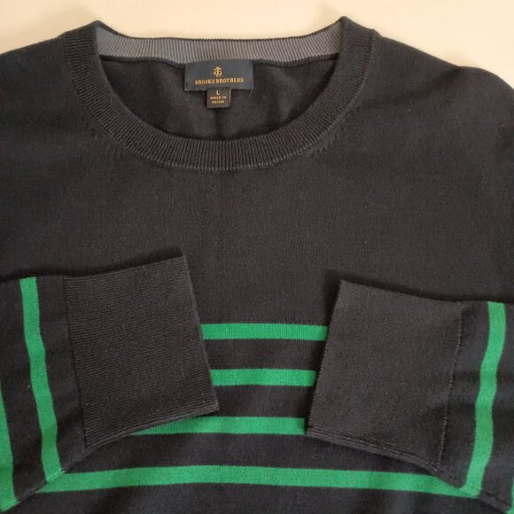 Brooks Brothers Men’s 100% Cotton Green Blue Stripe Sweater Size L EUC - Picture 4 of 15